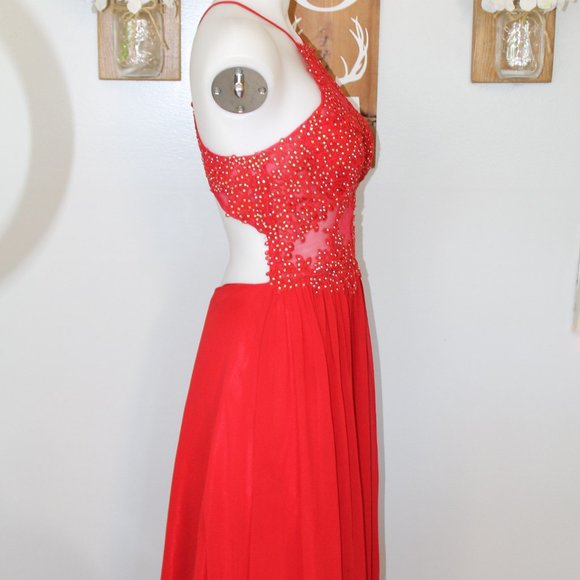 Blondie Nites Red Jeweled Halter Chiffon Dress - Picture 5 of 12